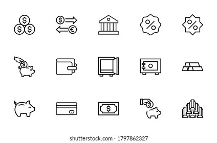 Modern outline style banking icons collection. Premium quality symbols and sign web logo collection. Pack modern infographic logo and pictogram. Simple money pictograms on a white background.