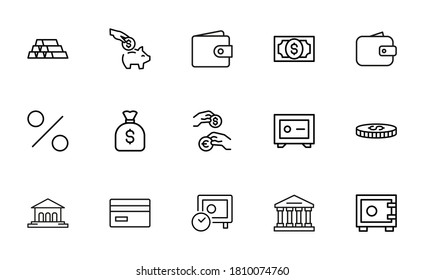 Modern outline style banking icons collection. Premium quality symbols and sign web logo collection. Pack modern infographic logo and pictogram. Simple money pictograms on a white background.