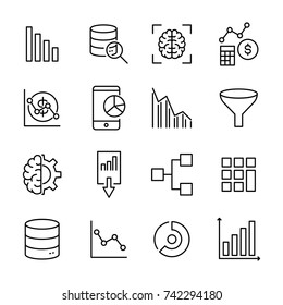 Modern outline style data analytics icons collection. Premium quality symbols and sign web logo collection. Pack modern infographic logo and pictogram. Simple analysis pictograms on a white background