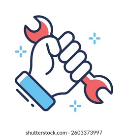 Modern outline style icon depicting hand holding spanner