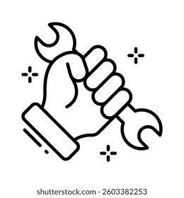 Modern outline style icon depicting hand holding spanner