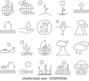Modern outline style icons, global warming icons, climate change, flood, drought, glacier melting, sea level rising, allergy.
