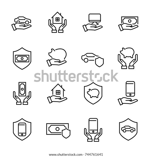 Modern outline style insurance icons\
collection. Premium quality symbols and sign web logo collection.\
Pack modern infographic logo and pictogram. Simple insurance\
pictograms on a white\
background.