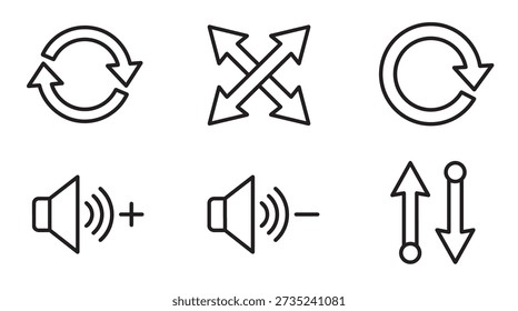 Modern Outline UI and Media Control Icons Set. Vector symbols for refresh, expand, volume updown, and sort functions, ideal for web and app interfaces.