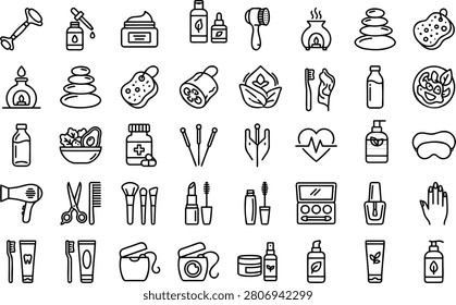 Modern outline vector icon collection featuring beauty, skincare, cosmetics, spa, wellness, hygiene, and personal care essentials. Includes massage tools, aromatherapy, hot stone therapy, hair care, makeup products, skincare bottles, dental care, sanitizer, wellness symbols, and salon accessories. Perfect for beauty brands, spas, salons, healthcare, eCommerce, mobile apps, websites, presentations, and lifestyle design projects.

#BeautyIcons #Spa #Skincare #Cosmetics #BeautySalon #Wellness #PersonalCare #SelfCare #HairCare #Makeup #DentalCare #Hygiene #Massage #Aromatherapy #SpaTreatment #BeautyProducts #OutlineIcons #VectorIcons #IconSet #Lifestyle #Healthcare #Salon #WellnessCenter #FlatDesign #Illustration
