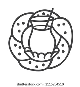 Modern outline vector illustration of turkish glass with black tea and traditional bagel. Hand drawn doodle elements for minimalistic label, logo, badge or card design for cafe or bakery.