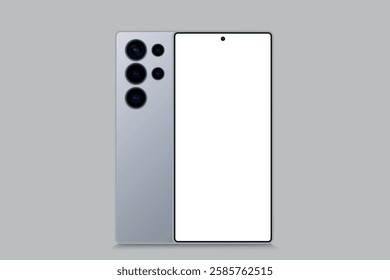 Modern outline wireframe smart phone device, trendy portable cellphone gadget with blank white screen and front view Smartphone front back view with camera layout for presentation and showcase
