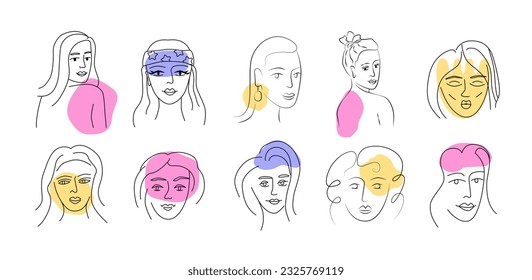 Modern outline woman faces with abstract organic shapes. Doodle female characters. Contemporary line art. Boho style. Sticker, tattoo, logo, emblem, poster design.