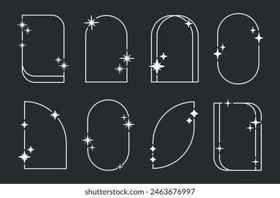 Marcos modernos del contorno y2k. Marcos estéticos y2k de moda, Formas de arco abstracto minimalista con estrellas y destellos conjunto de Ilustración vectorial plana. Colección de cuadros geométricos