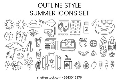 Modern outline-style summer icons in vector format. Includes line icons of beach, sun, drinks, palm trees, and other seasonal vacation items.