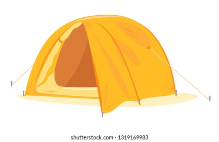 Modern oval orange tourist tent standing with open tent vestibule isolated, camping equipment travel illustration