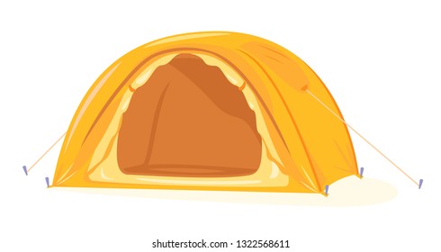 Modern oval orange tourist tent standing with open door isolated, camping equipment travel illustration