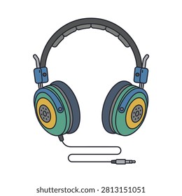 Modern over ear headphones with cable and jack plug in retro colors. Flat design illustration of colorful headphones featuring blue, teal, and yellow accents. It includes a long black cable and a standard audio jack. Ideal for music blogs or tech ads.