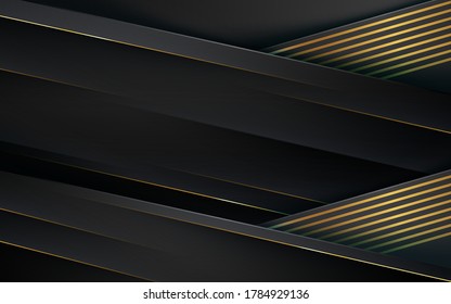 Modern overlap black background. Dimension layers with golden line effect.