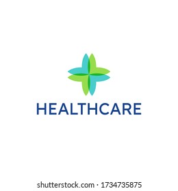 Modern overlapping health center logo with leaves. Flower health care clinic, pharmacy, hospital, medical center logo. Natural herbal treatment icon for drug, medicine packaging or website.