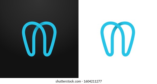 Modern overlapping single line molar tooth logo design in blue - editable dental logo vector