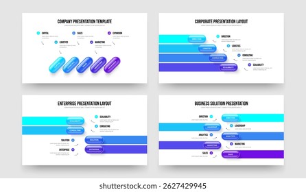 Modern Overview Five Four Four Five Element Diagram Presentation Design Vector Illustration Set. Advertising Strategy 5 4 4 5 Step Infographic Slideshow Layout Collection.