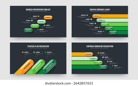 Modern Overview Four Five Three Four Option Diagram Presentation Template Vector Illustration Bundle. Professional Plan 4 5 3 4 Element Infographic Frame Layout Set.