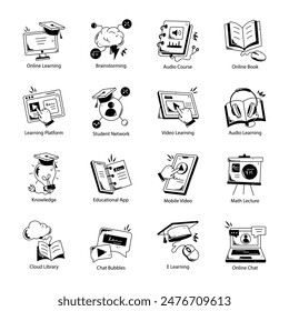 Modern Pack of 16 E Learning Doodle Icons 

