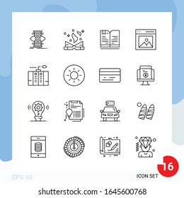 Envase moderno de 16 iconos. Símbolos de esquema de línea aislados en el fondo blanco para el diseño del sitio web