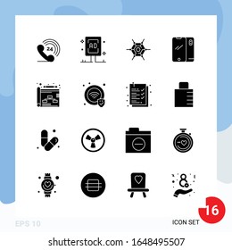 Modern Pack of 16 Icons. Solid Glyph Symbols isolated on White Backgound for Website designing