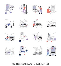 Modern Pack of 16 Ride Services Linear Illustrations 

