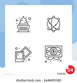 Envase moderno de 4 iconos. Símbolos de esquema de línea aislados en el fondo blanco para el diseño del sitio web