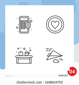 Envase moderno de 4 iconos. Símbolos de esquema de línea aislados en el fondo blanco para el diseño del sitio web