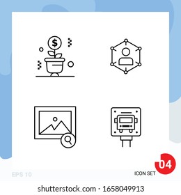 Envase moderno de 4 iconos. Símbolos de esquema de línea aislados en el fondo blanco para el diseño del sitio web