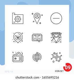 Envase moderno de 9 Iconos. Símbolos de esquema de línea aislados en el fondo blanco para el diseño del sitio web