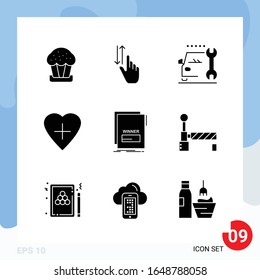 Modern Pack of 9 Icons. Solid Glyph Symbols isolated on White Backgound for Website designing