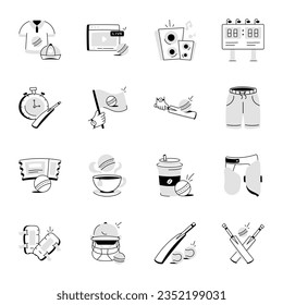 Modern Pack of Cricket Equipment Doodle Icons 

