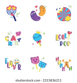 Modern Pack of Typography and Sweets Flat Stickers 

