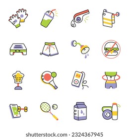 Moderno paquete de accesorios de entrenamiento Iconos de dibujo 

