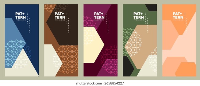 Fondo de embalaje moderno con patrón hexagonal japonés y Formas geométricas nítidas en combinaciones de colores atrevidos y elegantes para impresión y marca