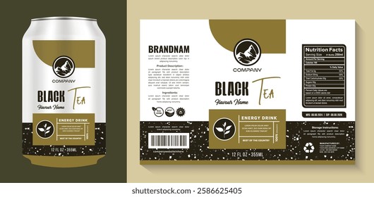 Modern packaging design for premium energy drinks, featuring a clean label template with a gold, black, and white color scheme. Ideal for organic tea supplement high-quality beverages.