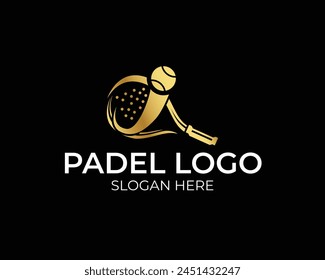 Diseño de logotipo de emblema de pádel moderno, raqueta de pádel e icono de diseño de logotipo de bola aislados sobre fondo negro.