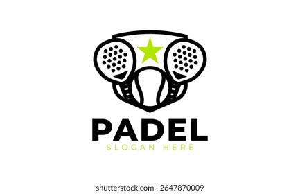 Design moderno do logotipo padel. Símbolo de emblema com conceito de raquete, bola e estrela. Vetor de tênis Padel para equipe ou clube