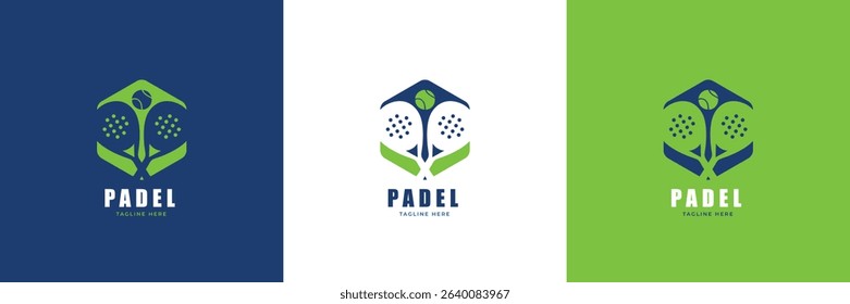 Modern padel logo set with rackets and ball, perfect for sports clubs, events, or padel branding.