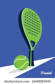 Modern padel racket and ball vector. Blue background sports illustration for padel-themed content.