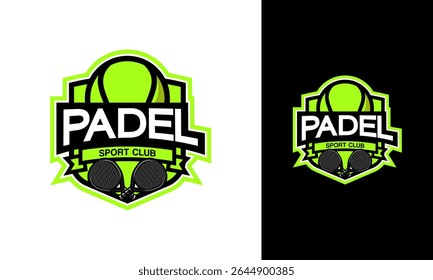 Modern padel sport club logo. Symbol with shield, ball, and racket concept for padel team. Sports emblem template