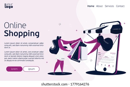 Modern page template for Online Shopping. Modern flat design concept of web page or smartphone application design. Girl shopping from mobile app and gets instant delivery. E-commerce illustration.