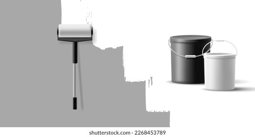 Modern paint roller and buckets with white paint. Painting the wall in white, and advertising paint in a black and white bucket. For building concepts.