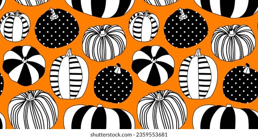 La calabaza de halloween pintada moderna ilustra perfectamente el patrón. Huella de fondo vegetal de la temporada de otoño para la celebración de las vacaciones de octubre o el evento de acción de gracias. Arte decorativo de textura dibujada a mano.