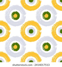 Modern painted round shapes seamless pattern graphic design. Fashionable print. Stylish paint stapms. Hand drawn ink brush stroke circles. Round ink painting shapes repeating pattern.