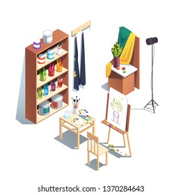 Modern Painter Artist Workshop Room With Canvas, Easel, Paints, Brushes, Table, Chair, Standard Lamp, Wooden Cupboard. Art Drawing Design Studio Furniture. Flat Isometric Pseudo 3d Vector Illustration