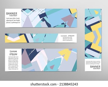 Modern painting banners set. Geometric, brush strokes backgrounds. Website header, social media advertisement, sale brochure templates. Grunge texture, creative contemporary design. Vector art