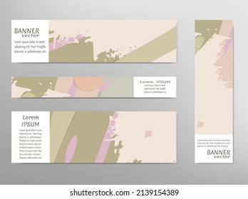 Modern painting banners set. Geometric, brush strokes backgrounds. Website header, social media advertisement, sale brochure templates. Grunge texture, creative contemporary design. Vector art
