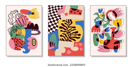 Modern paintings for the interior. Drawing style. Colorful illustrations of still lifes with flowers for covers, paintings. Interior painting. Flat design. Hand drawn fashion vector illustration.