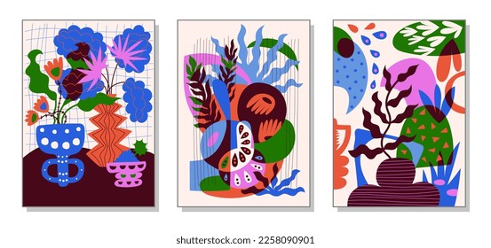 Modern paintings for the interior. Drawing style. Colorful illustrations of still lifes with flowers for covers, paintings. Interior painting. Flat design. Hand drawn fashion vector illustration.